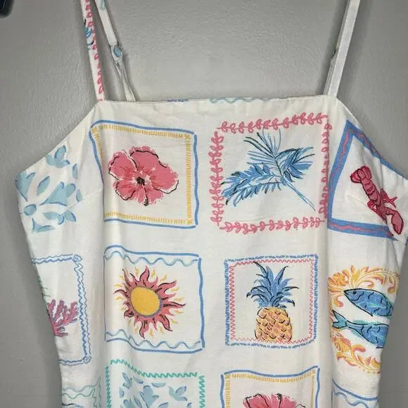 Japna Mini Sundress Amalfi Coast Print Smocked Back Coastal Linen Blend Womens M - Picture 2 of 12